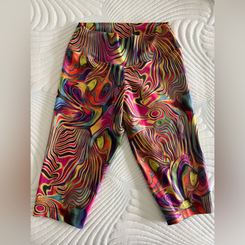 Multi color, groovy, long biker shorts, stretchy, mid-rise
